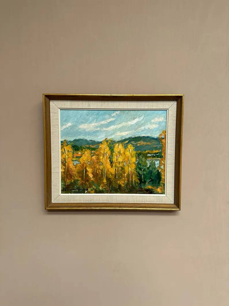 Original Swedish Oil on Panel – "Autumn Landscape" – Dated 1978 – Framed Period Piece – 50 × 42 cm (19.7" × 16.5")