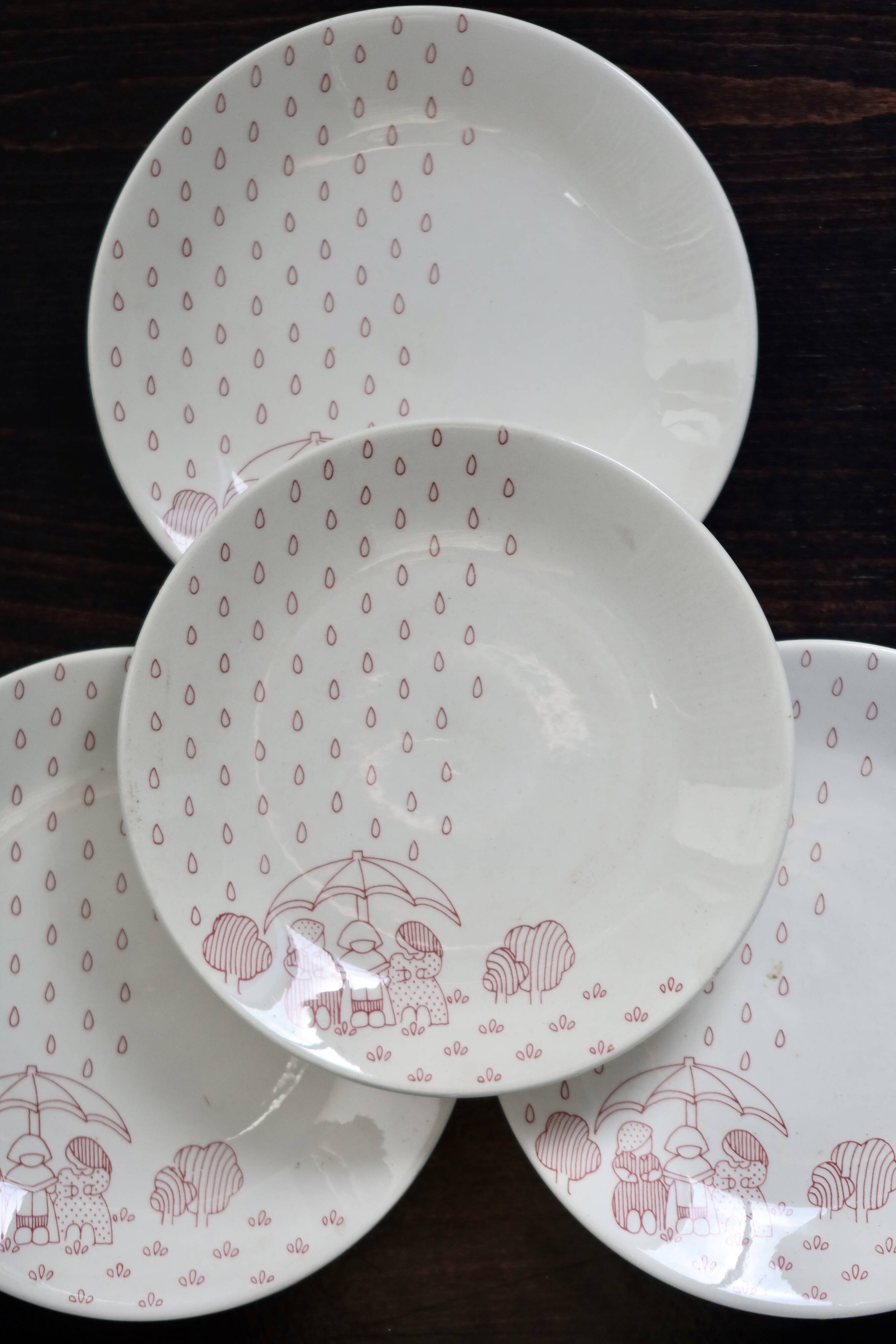 4 vintage dessert plates Sarreguemines - White earthenware with red pattern n