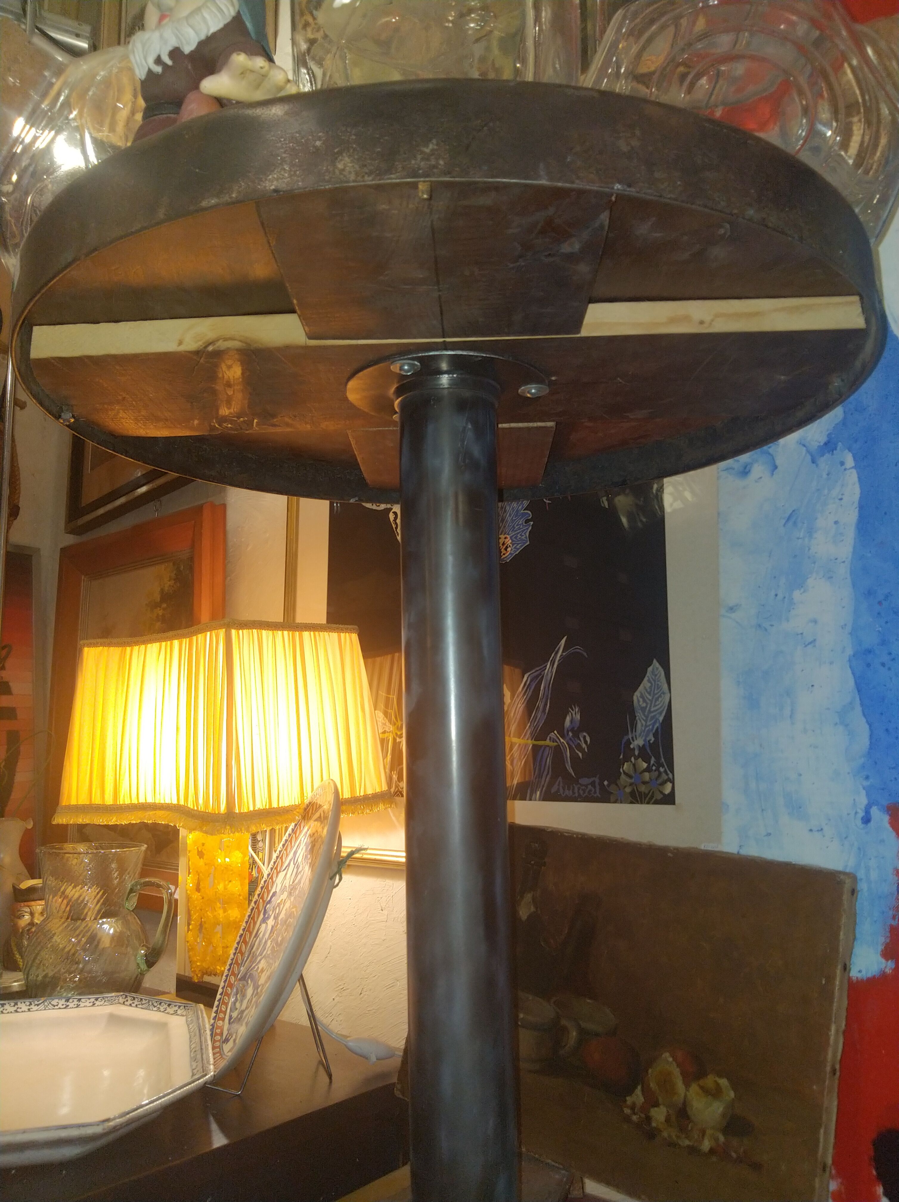 Bistro pedestal table in polished steel and walnut wood, circa 1950