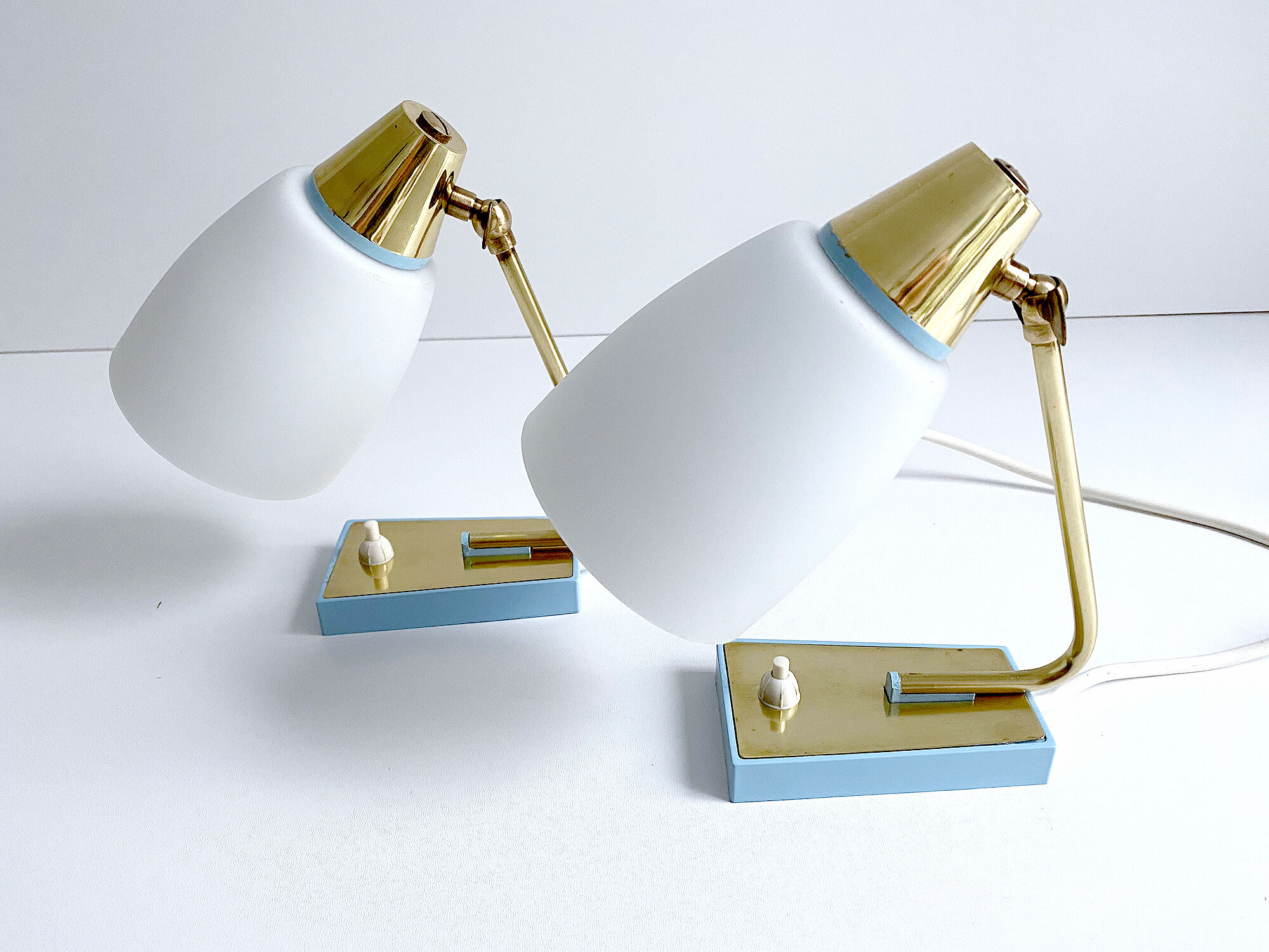 Pair of vintage table or bedside lamps, brass and glass, 50s 60s