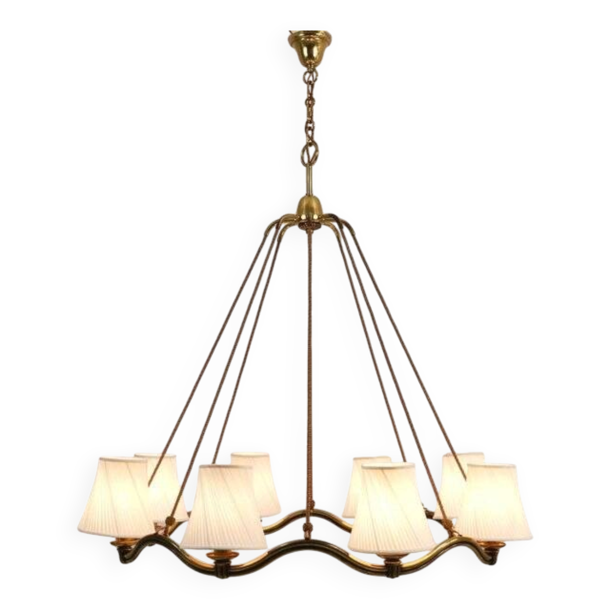 Large Viennese Modernism curved brass wave chandelier by Hugo Gorge, 1940s