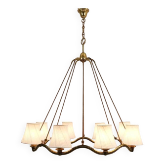 Large Viennese Modernism curved brass wave chandelier by Hugo Gorge, 1940s