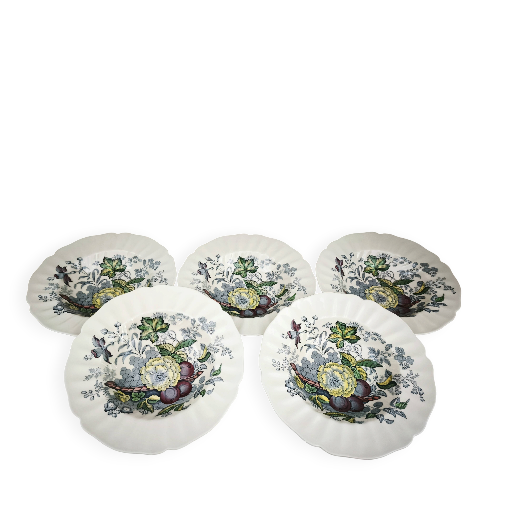 Set of 5 Royal Doulton deep plates in the Kirkwood pattern.