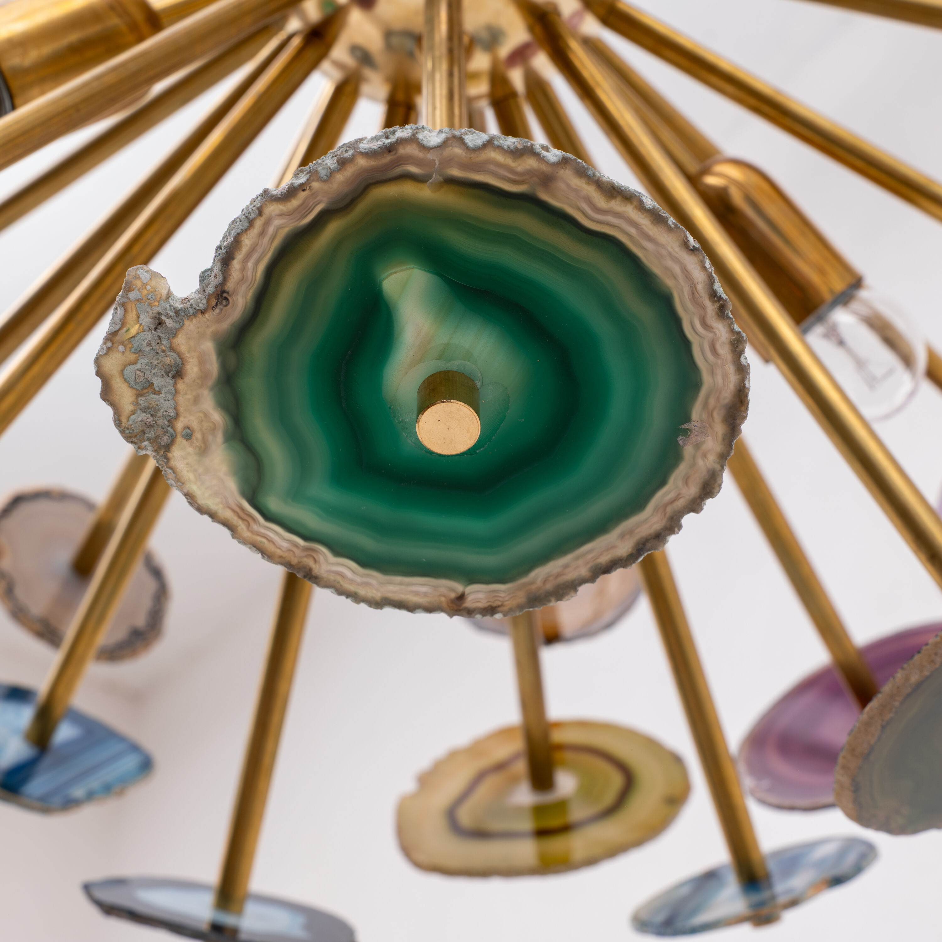 Italian-designed "Sputnik" Ceiling Lamp with Agate Stone Sections and Brass