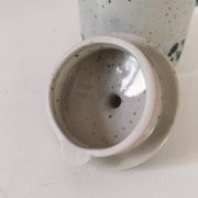 Vintage speckled stoneware coffee pot – navy blue floral decoration