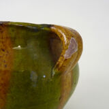 Glazed terracotta pot with 4 yellow and green handles. Flower pot
