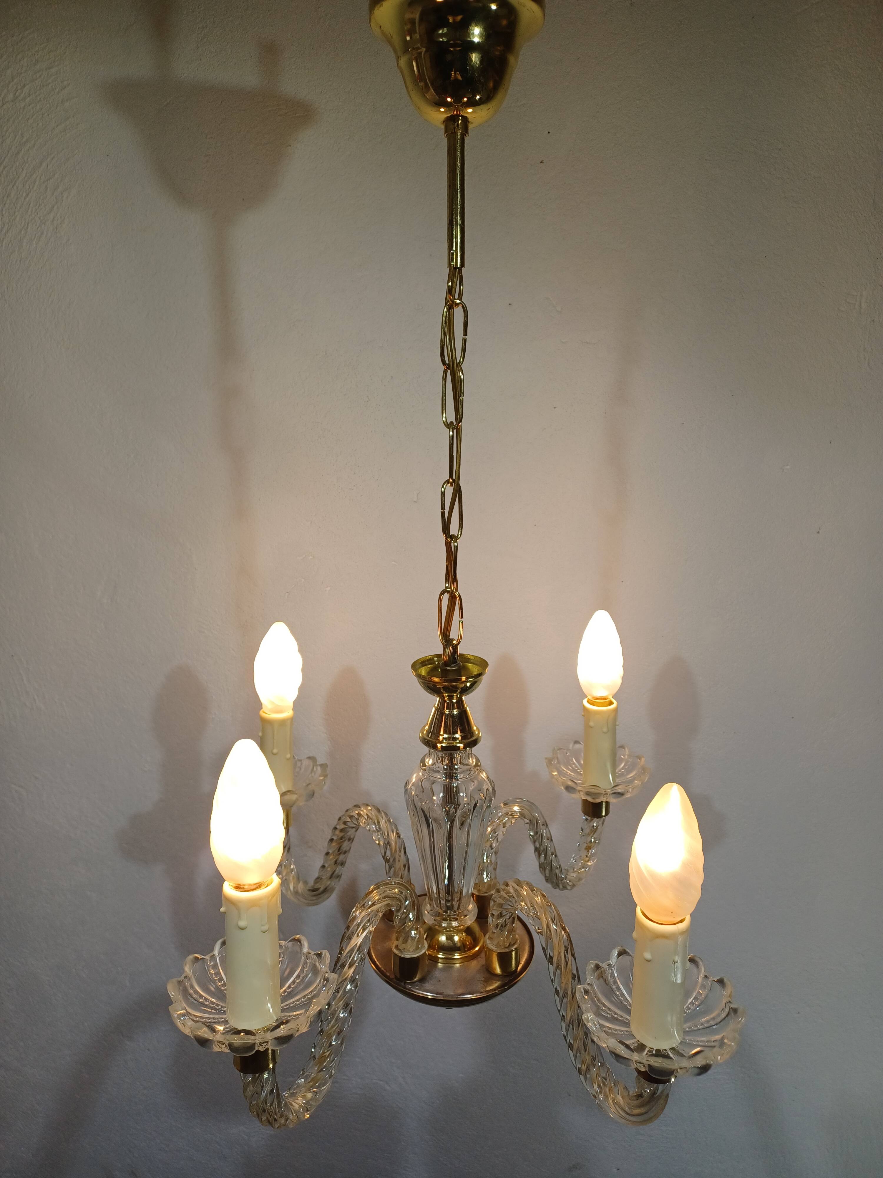 4-light glass and brass chandelier