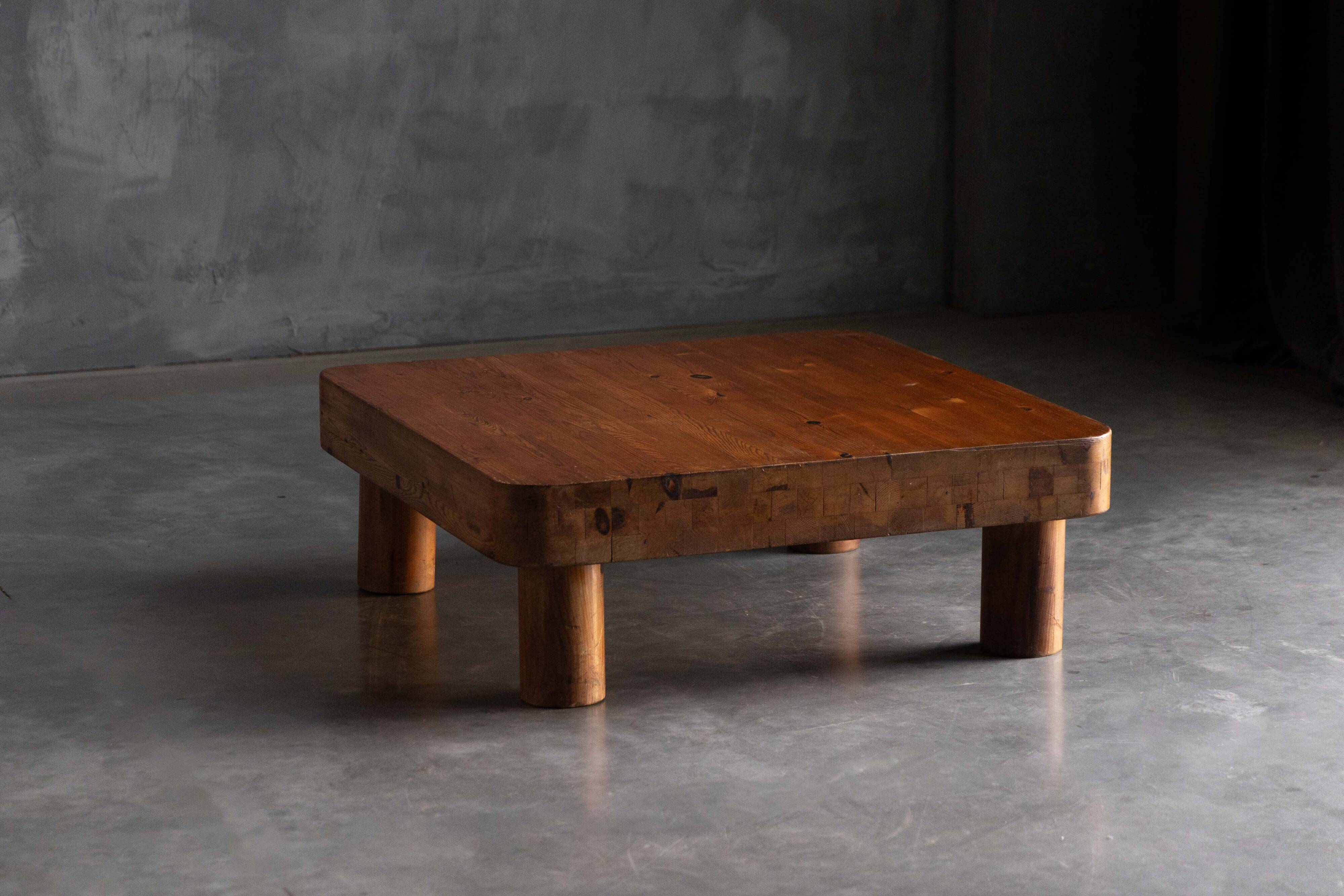 Brutalist pine low coffee table, France, 1960s