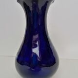 Vase grès émaillé japonisant fleurs fond bleu
