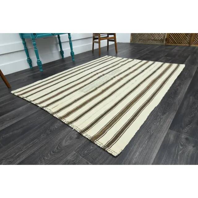 1970s Vintage Turkish Oushak Handmade Wool Cotton Beige Area Rug 150x194