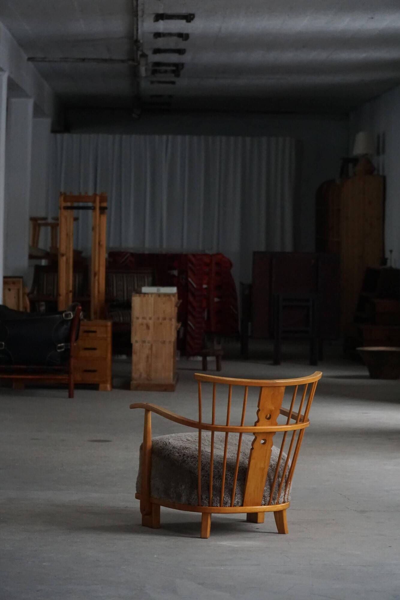 Armchair by Fritz Hansen, Model 1590, Elm & Lambswool, Scandinavian Modern, 1940s