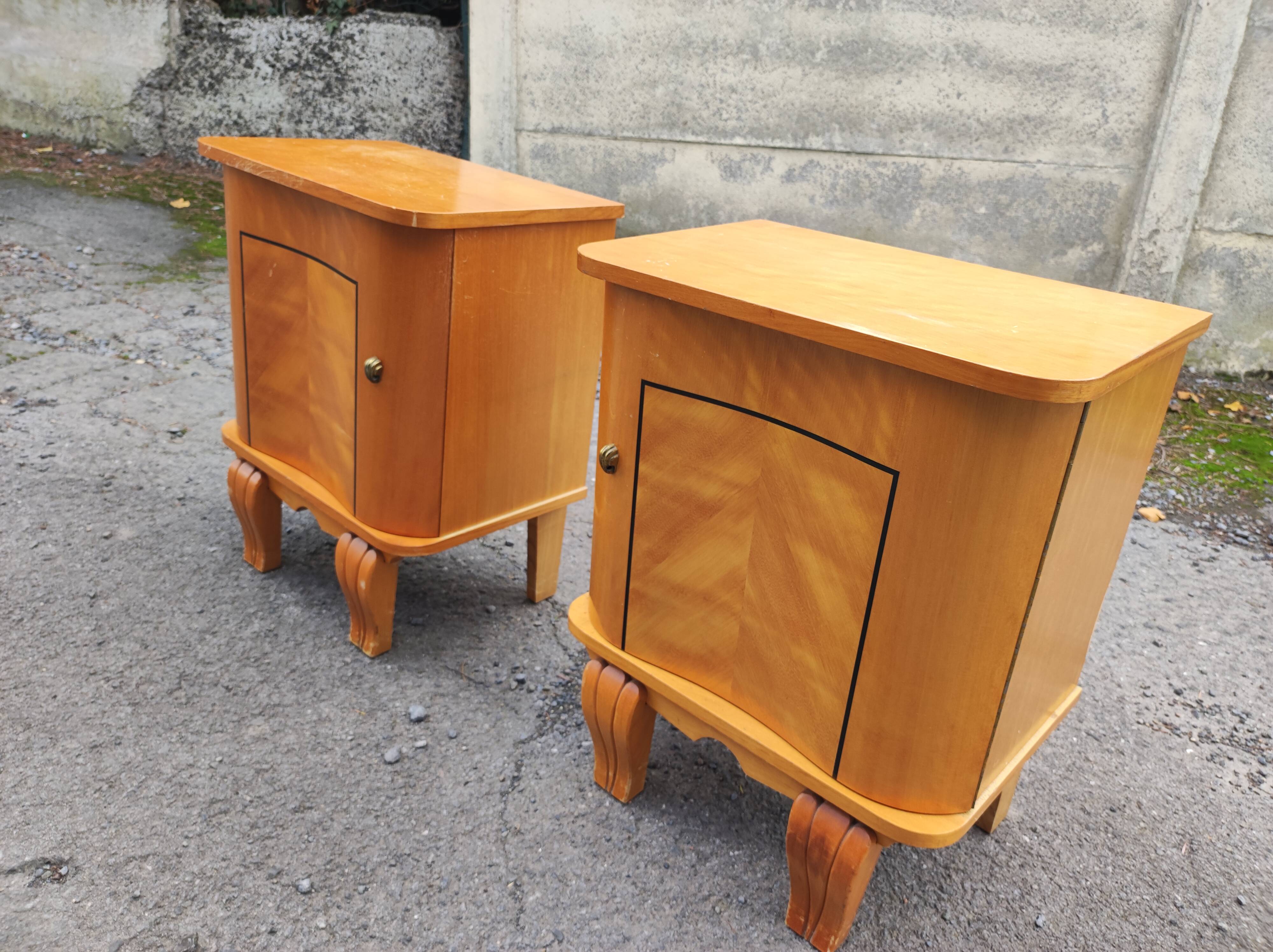 Pair of vintage curved wood bedside tables art deco style