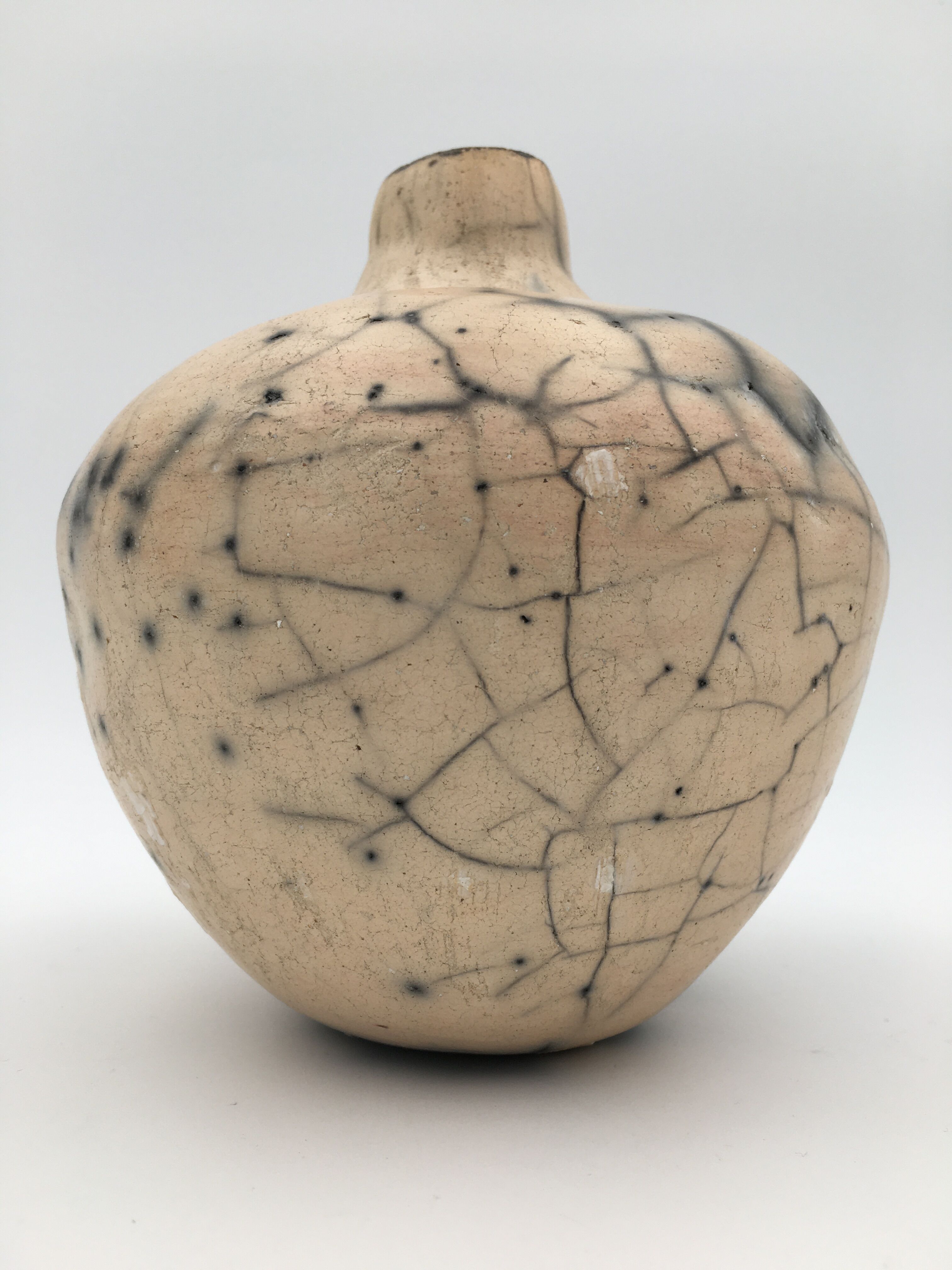 Raku ball vase, beige and black 20th century