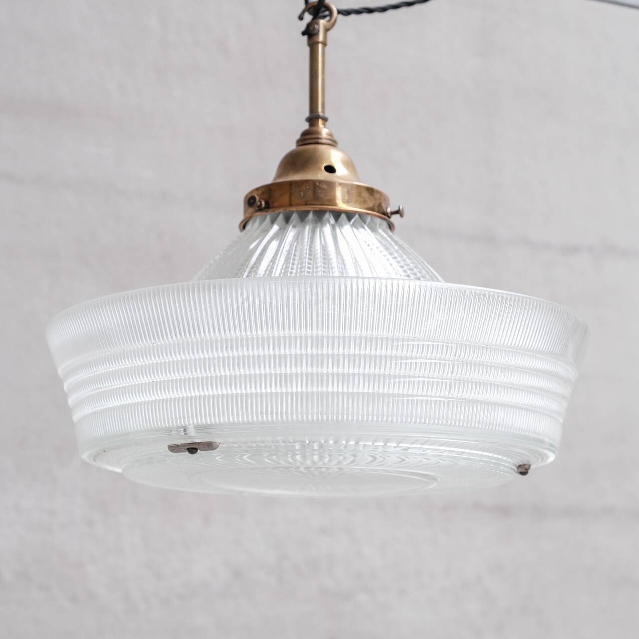 Glass and Brass Holophane Antique Pendant Light