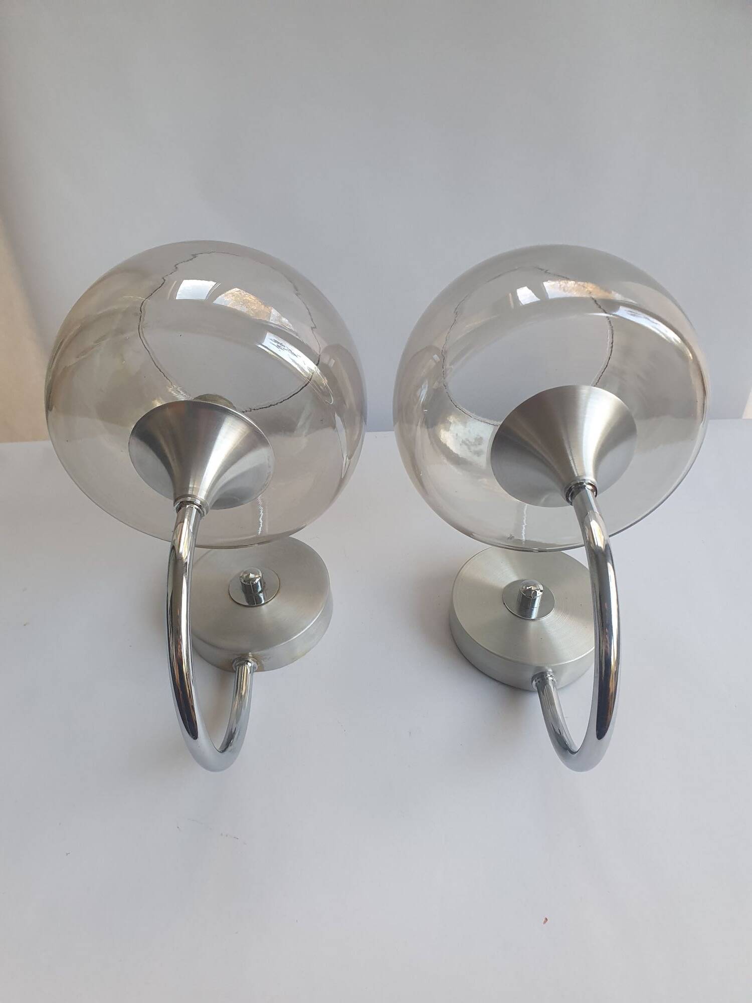 Pair of 1980s chrome metal and smoked glass wall lights