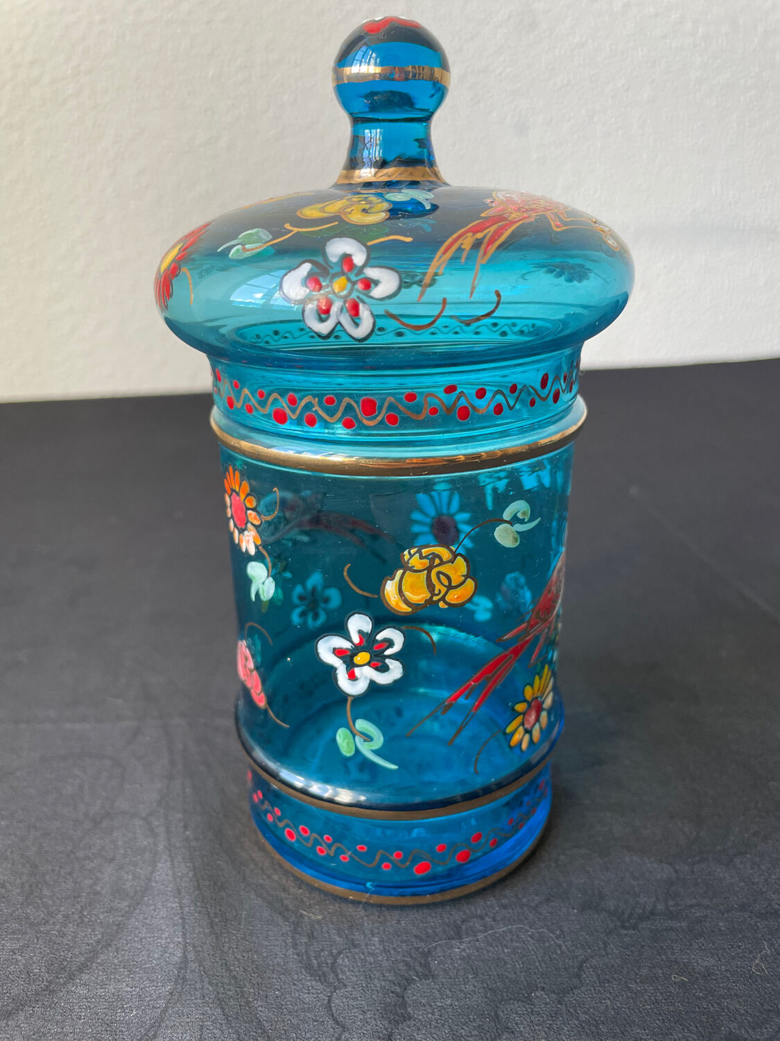 Hand-painted blue glass pot flowers and birds