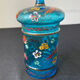 Hand-painted blue glass pot flowers and birds
