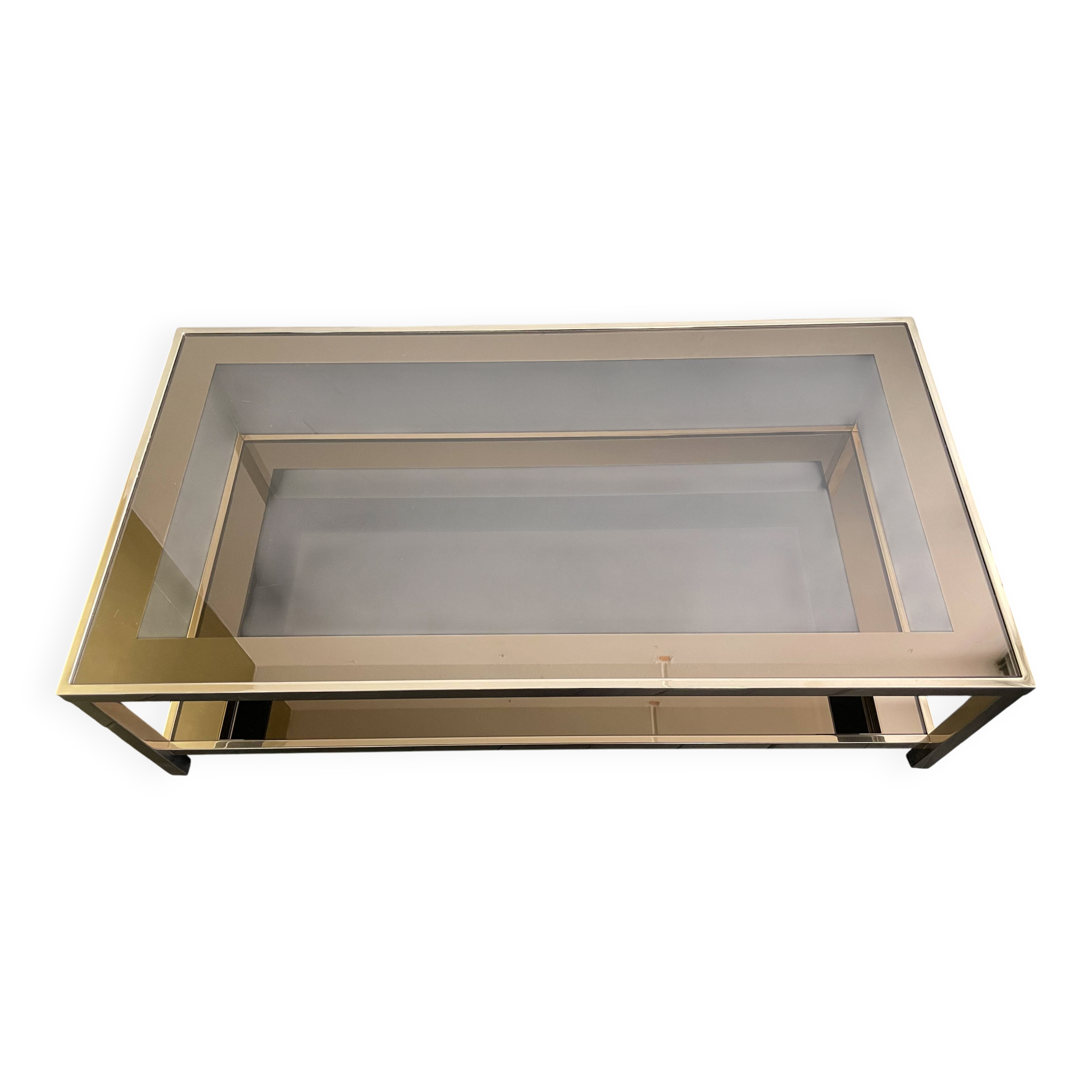 Table basse en verre fumé plaqué or 24 carats, sélection Dewulf par Belgo Chrom.