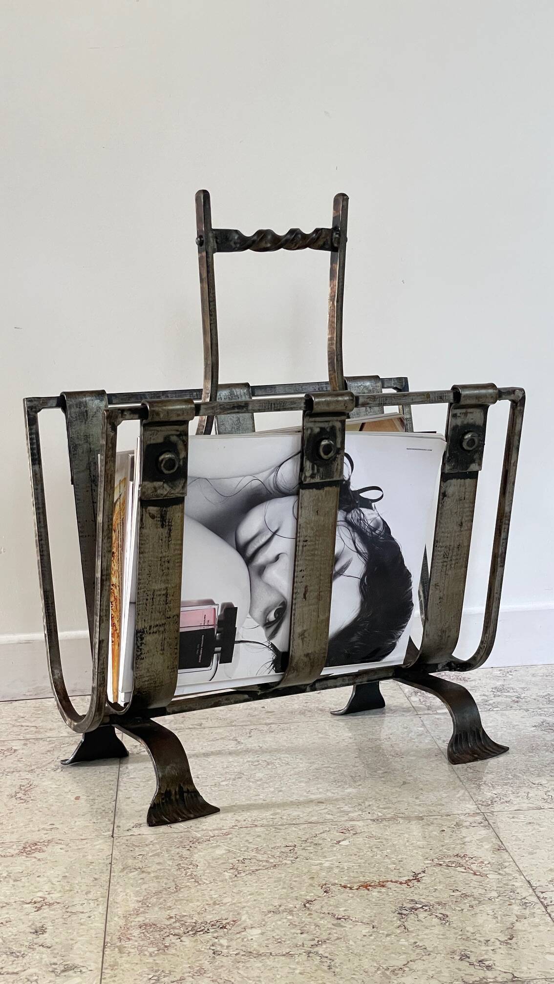 Vintage Brutalist Steel Magazine Rack