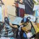 Mid-century modern "market square" swedish vintage figurative oil painting by brita hansson, framed