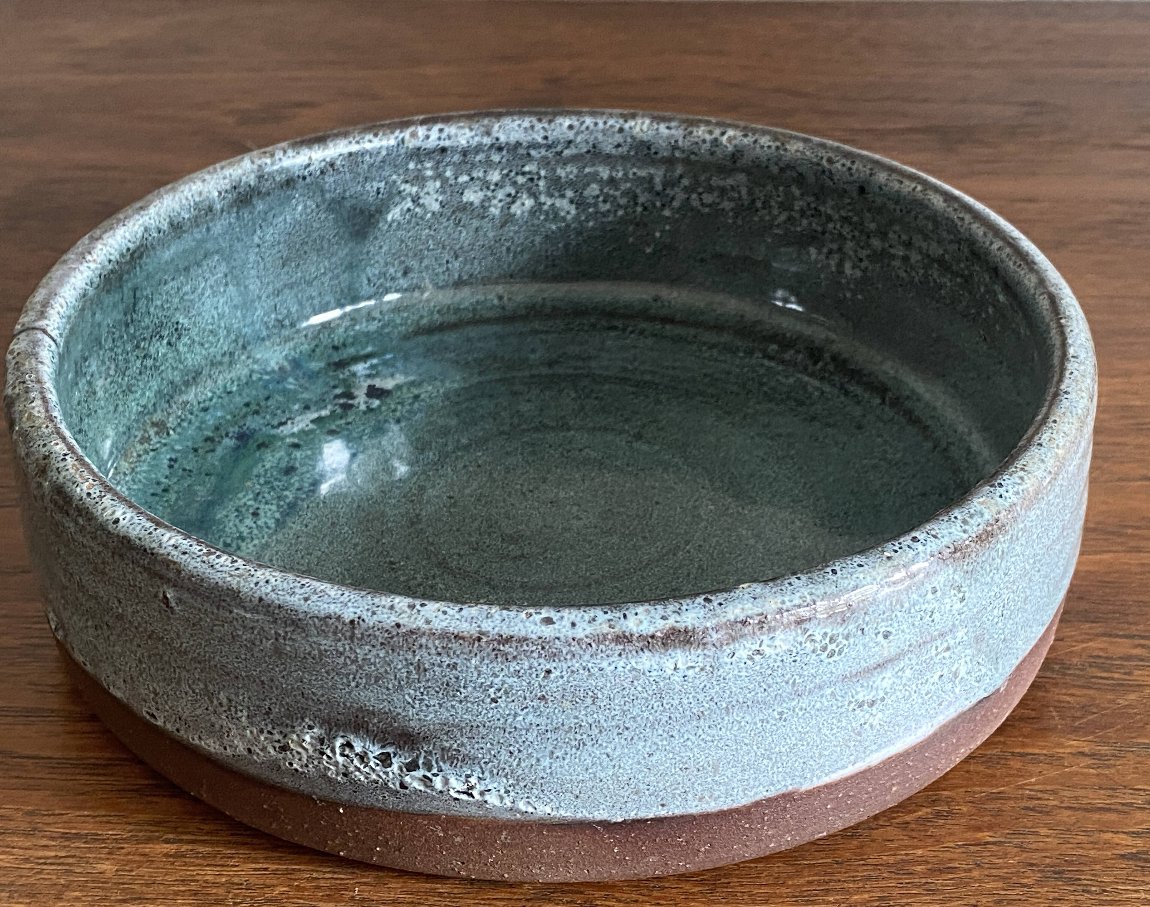 Vintage celadon blue glazed stoneware flower vase signed Pierlot at Ratilly