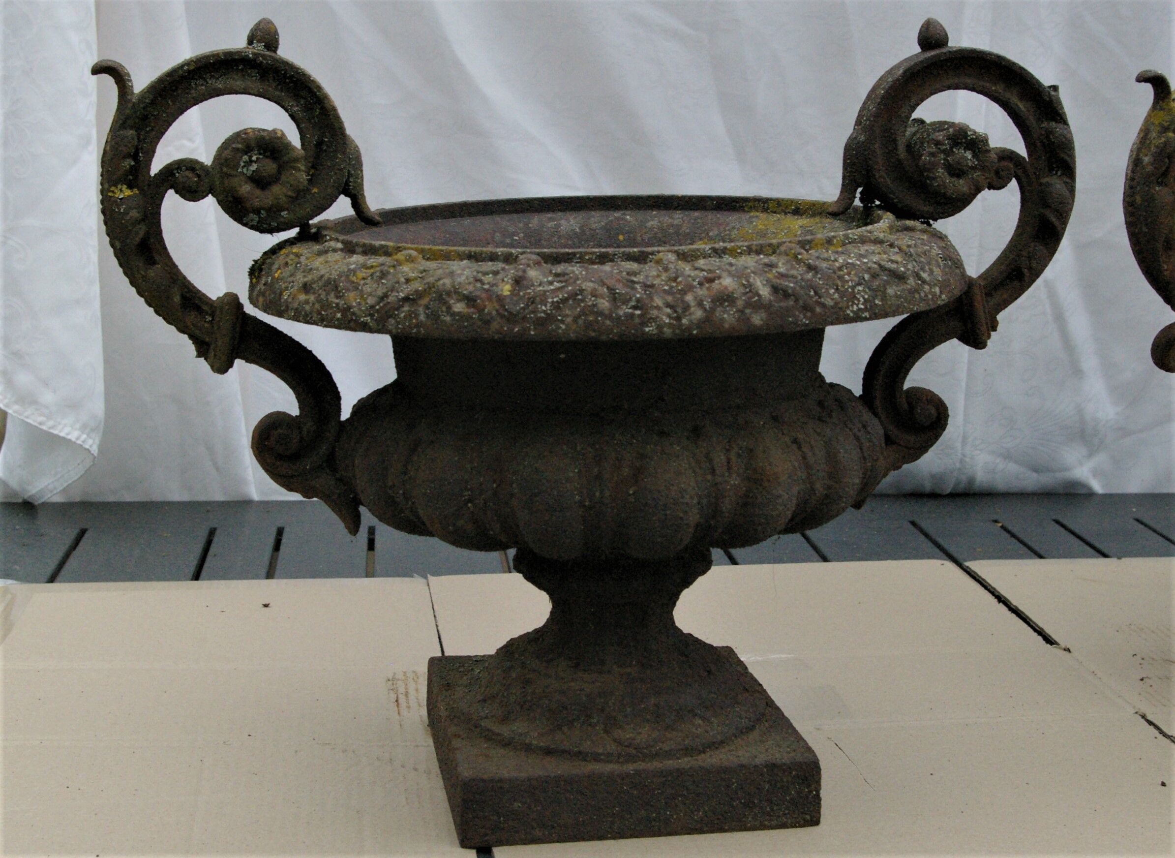 Paire d'anciens vases Médicis de jardin en fonte de fer