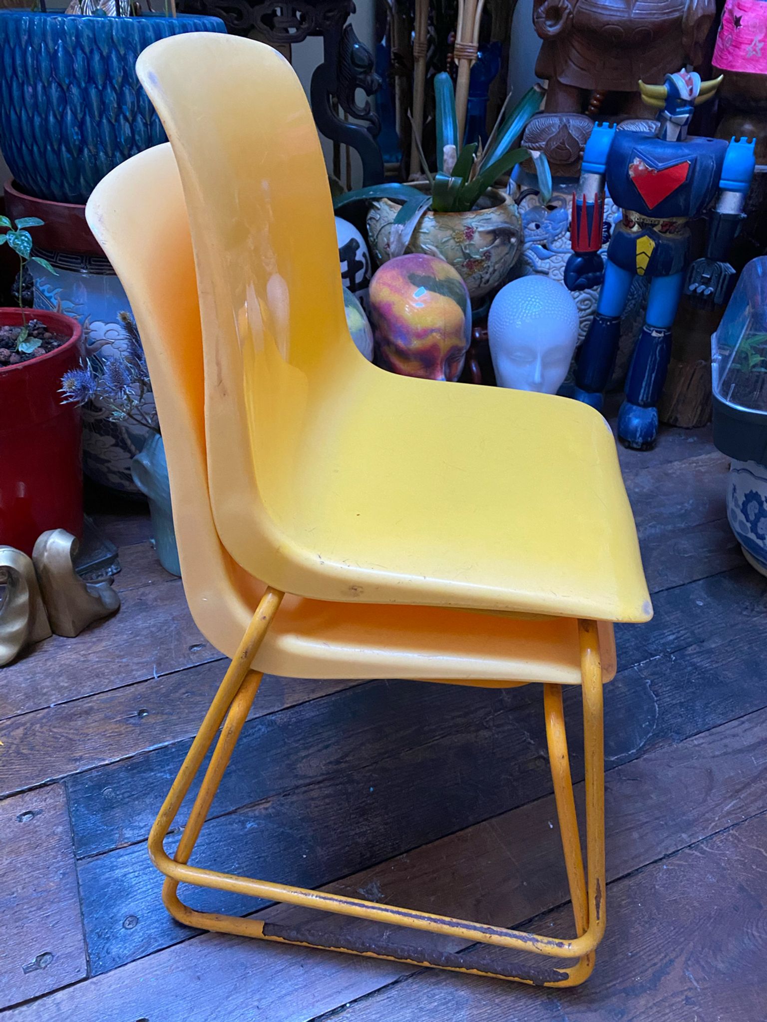 Duo of vintage Grofilex child kindergarten chairs yellow plastic
