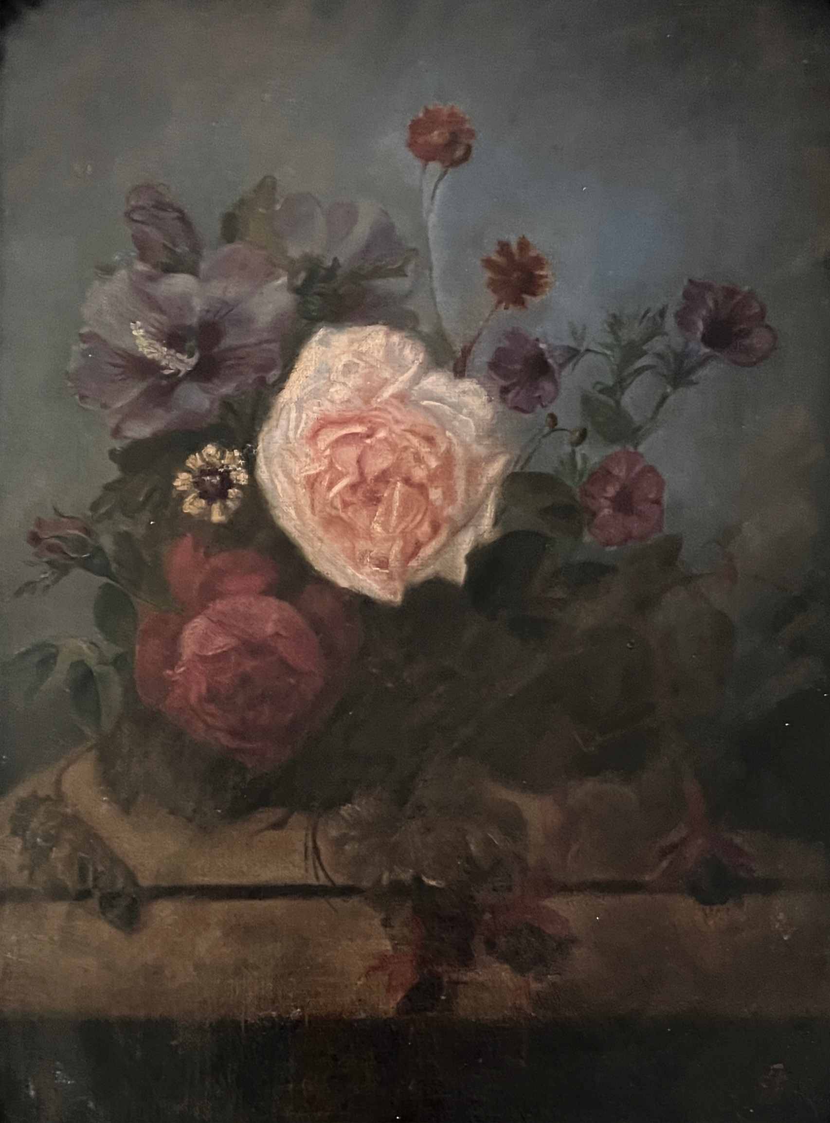 Tableau HST vers 1874 Jetée de fleur sur entablement signé + cadre