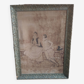 Ancienne toile peintre encasrée das cadre bois doré XIXème