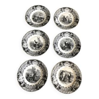 Set of 6 plates talking in porcelain Creil & Montereau XIXth