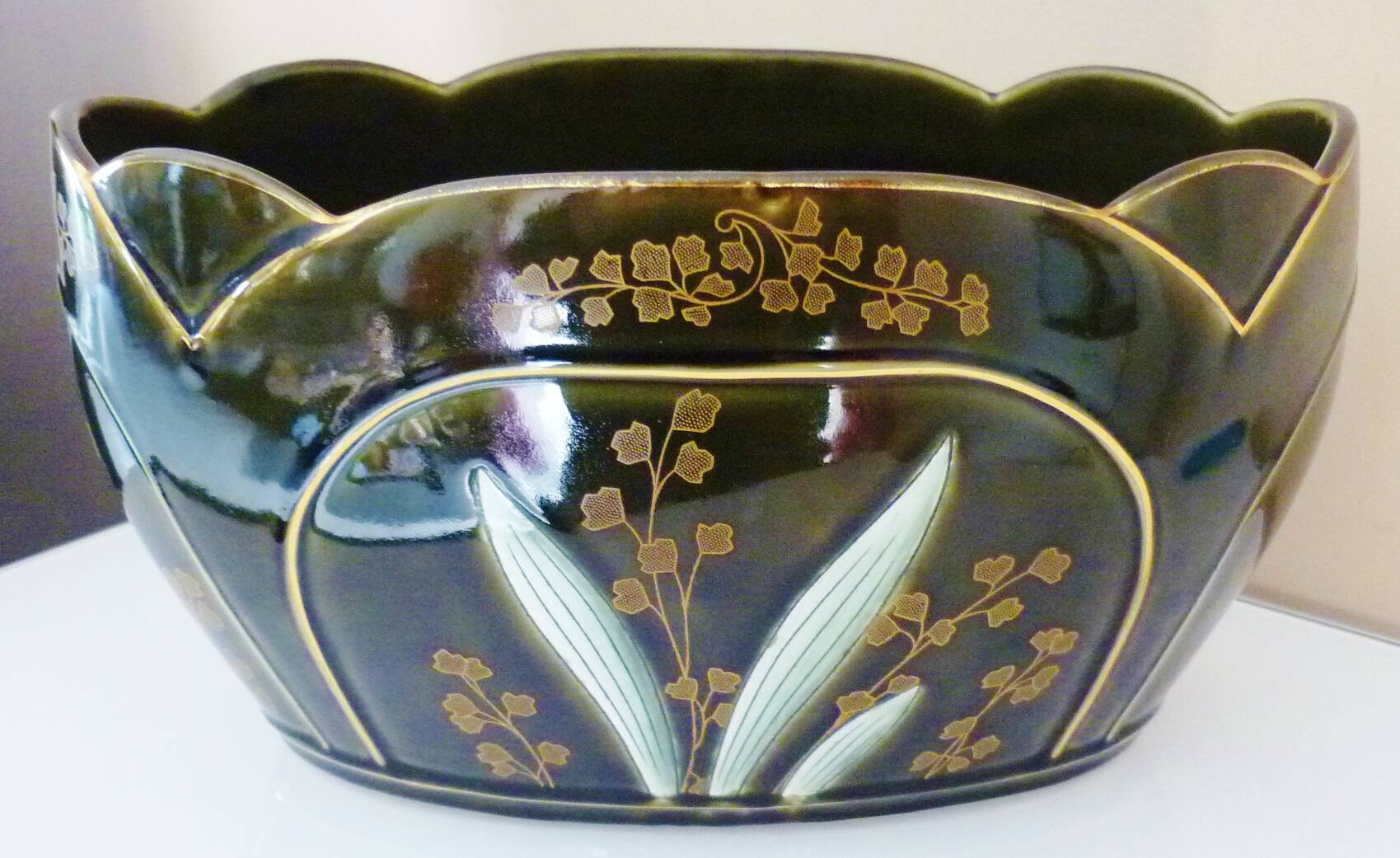 Planter, art nouveau, iris, enameled ceramic, signed Gustave De Bruyn, Fives-Lille