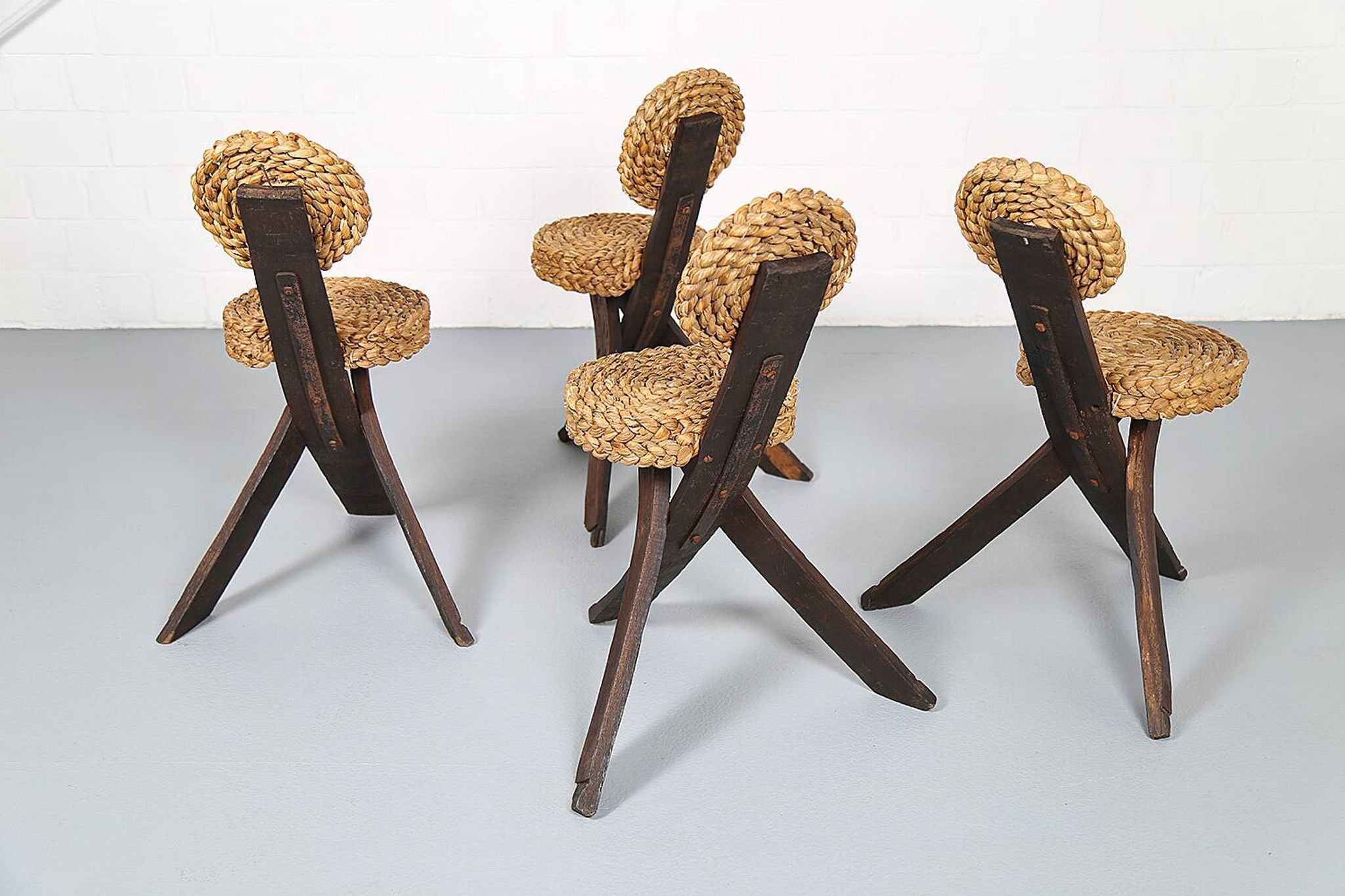 Original set of 4 tripod chairs by Frida Minet and Adrien Audoux, 1950s, France