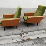 Pair of green vintage armchairs and brown skai