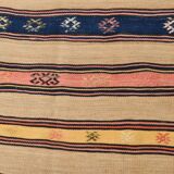 5x8 Cream & Navy Blue Striped Pattern Kilim Rug, 152x234Cm