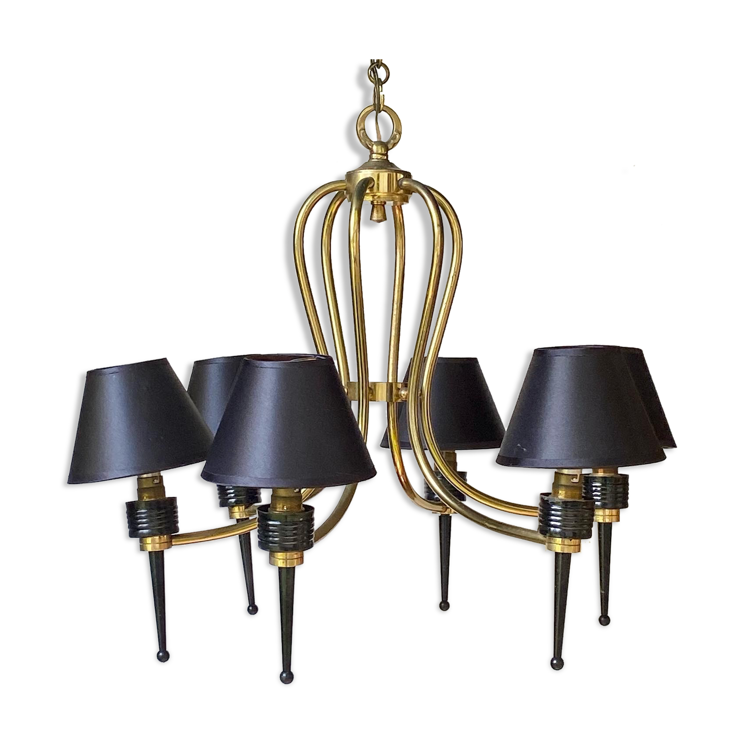 1950 six-armed brass cage chandelier