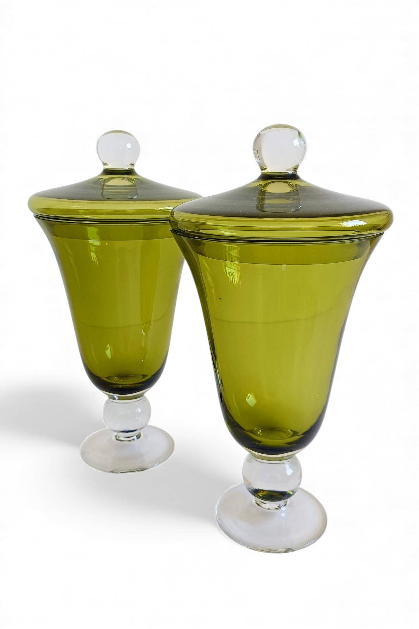 Murano Glass Green Lidded Urns, Venini Style, Italy, 1950s