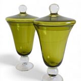Murano Glass Green Lidded Urns, Venini Style, Italy, 1950s