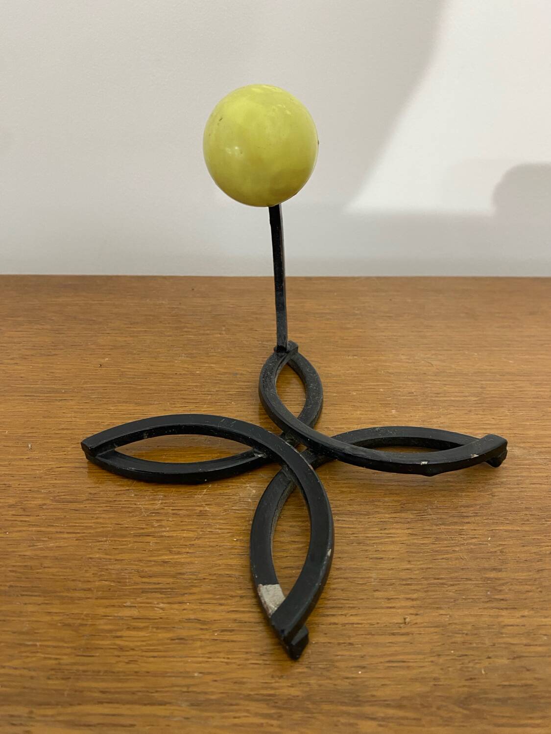 Old Black Wrought Iron Wall Hook + Yellow Plastic Ball 70's Vintage