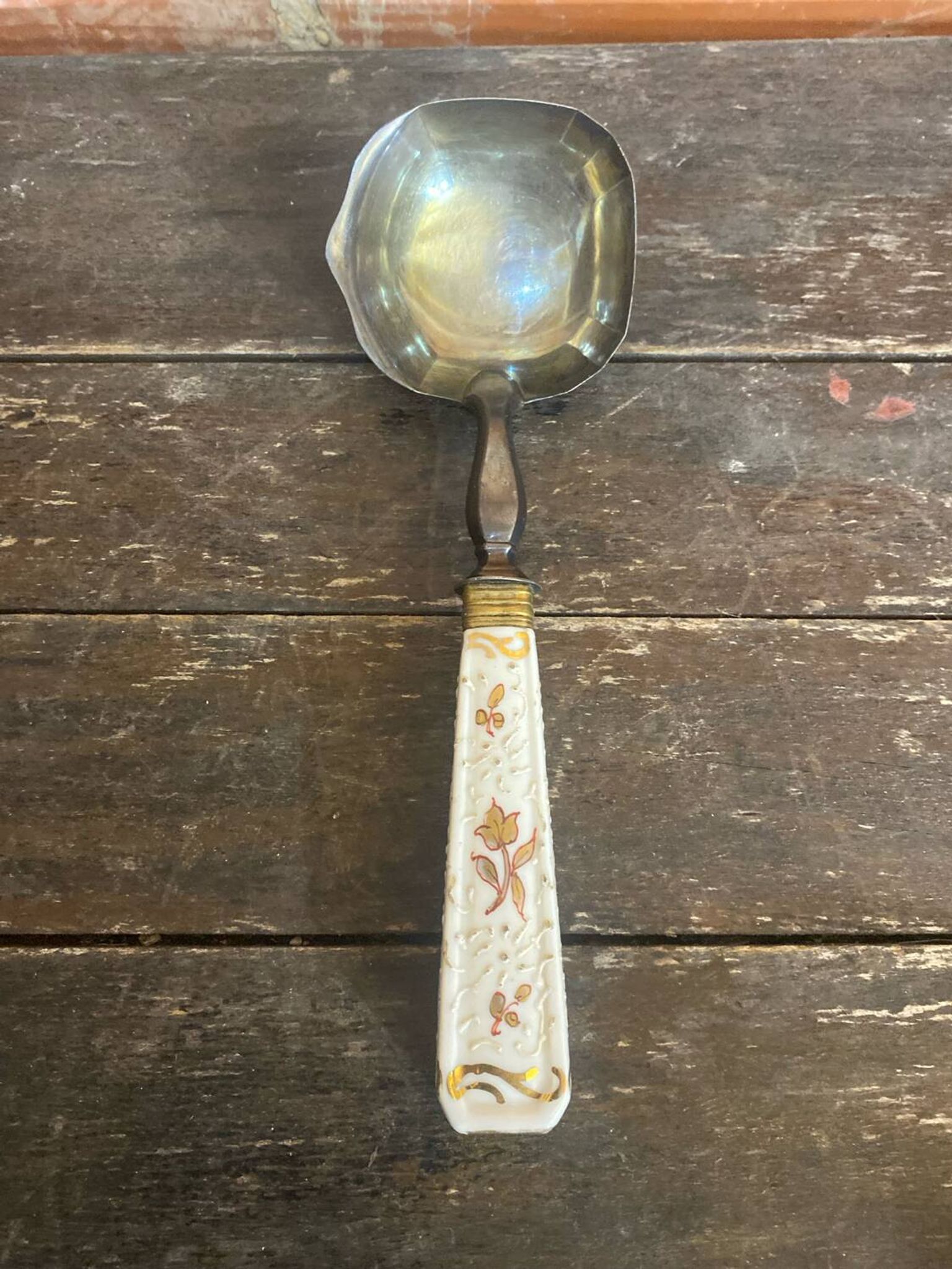 Old Silver-Plated Metal Serving Spoon + Porcelain Handle