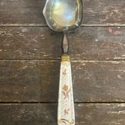Old Silver-Plated Metal Serving Spoon + Porcelain Handle