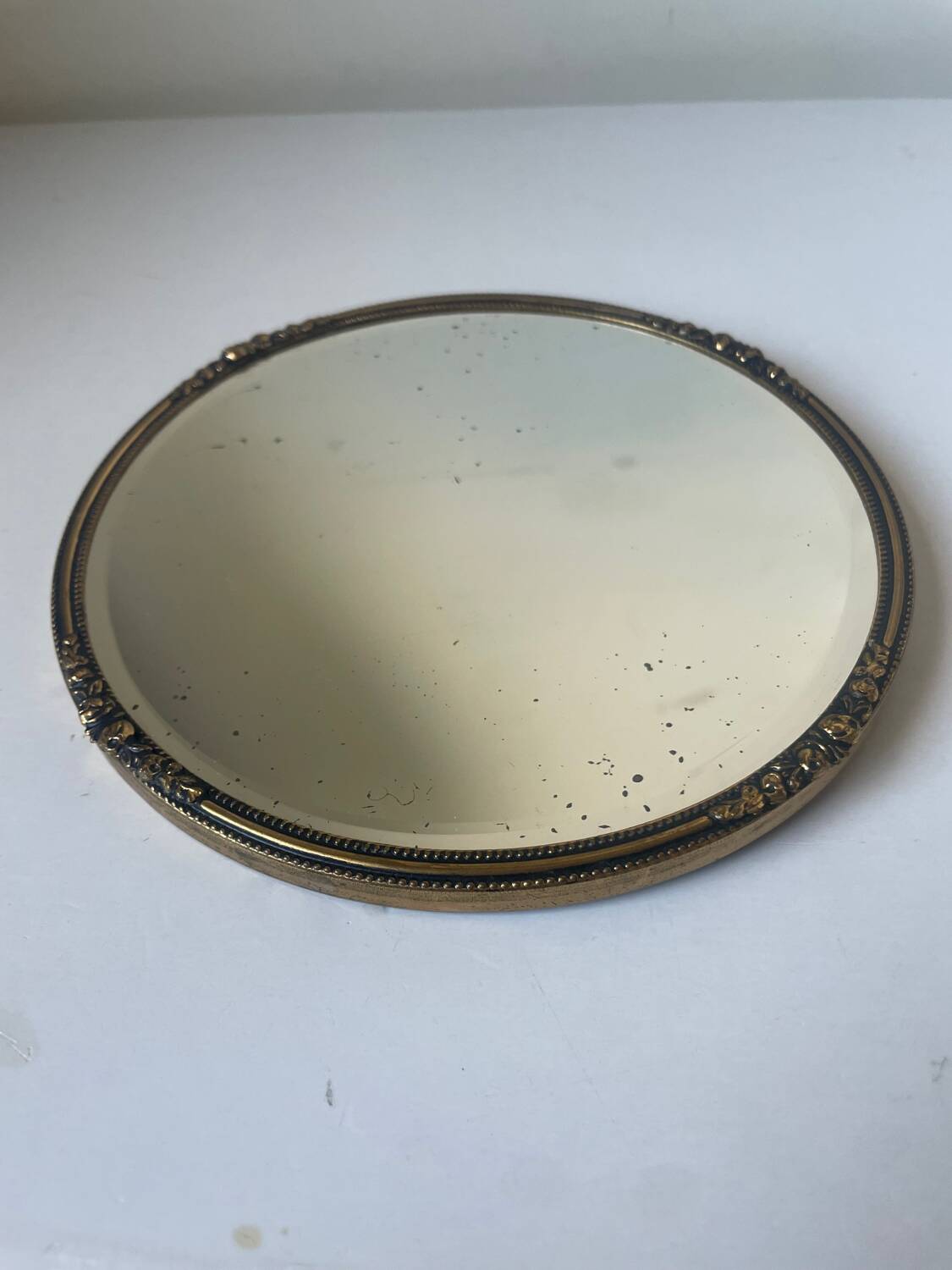 Antique Beveled Mirror with Metal frame Gold colored brass 14 cm diameter