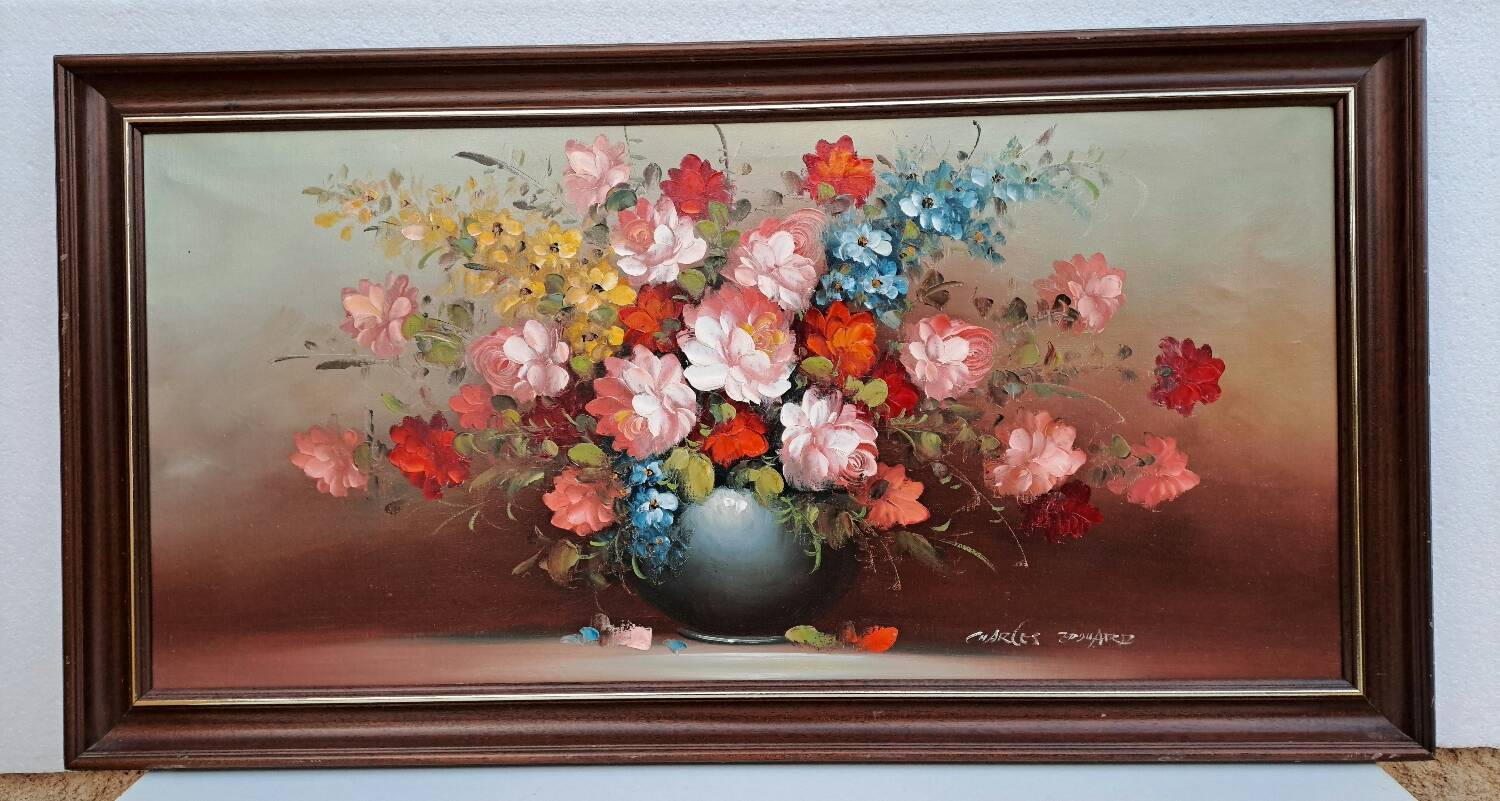 Oil on canvas bouquet of flowers signed Charles Édouard