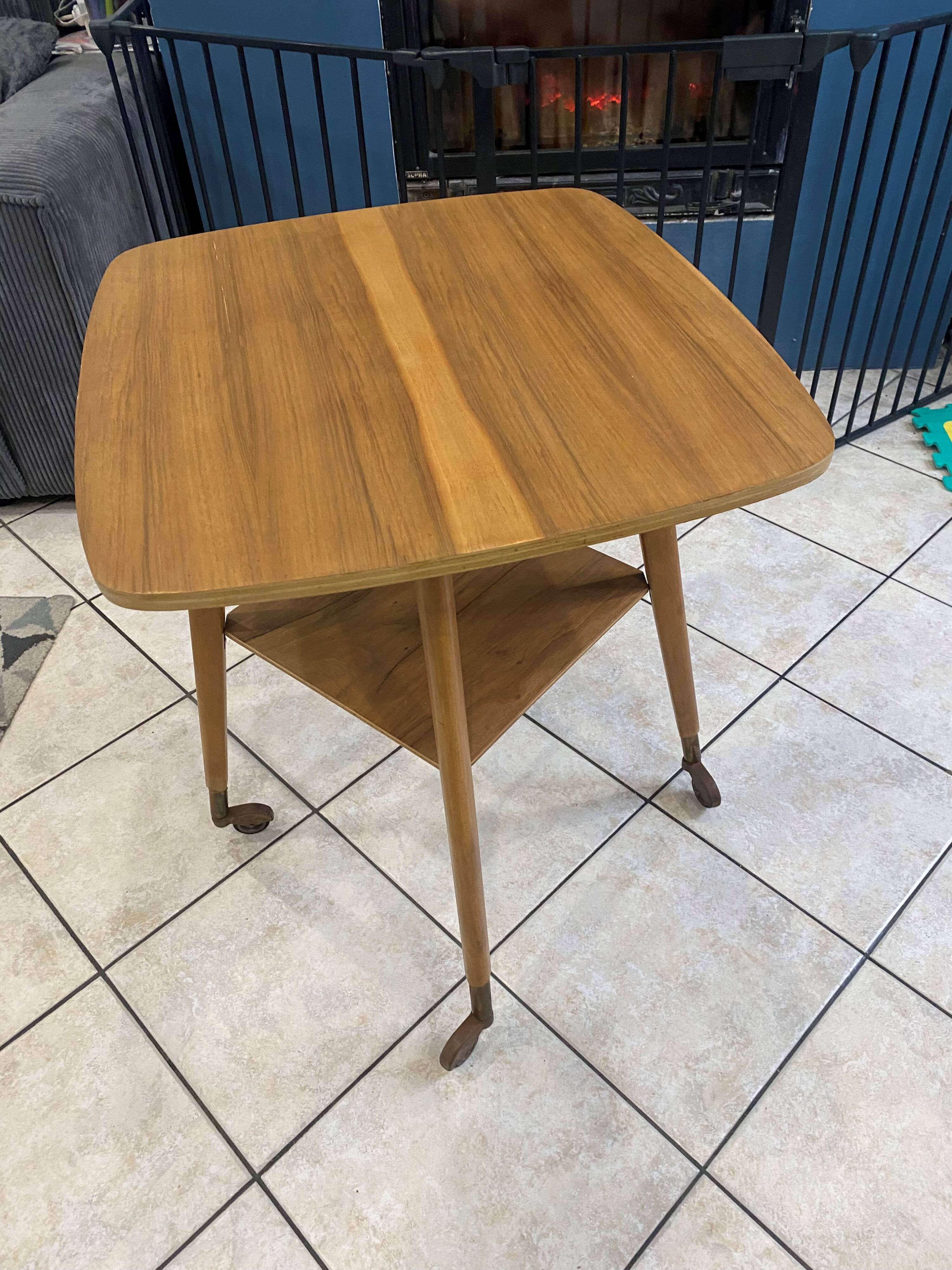 Scandinavian vintage 50s wooden side table with a swivel top.