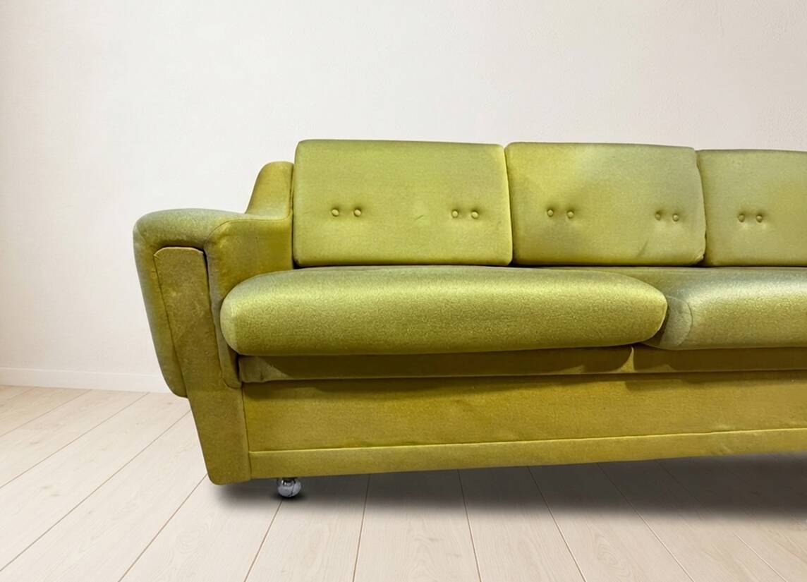Canapé-lit pliant des années 50, 3 places en tissu moutarde / olive, Tchécoslovaquie, 208 × 100 × 65 cm