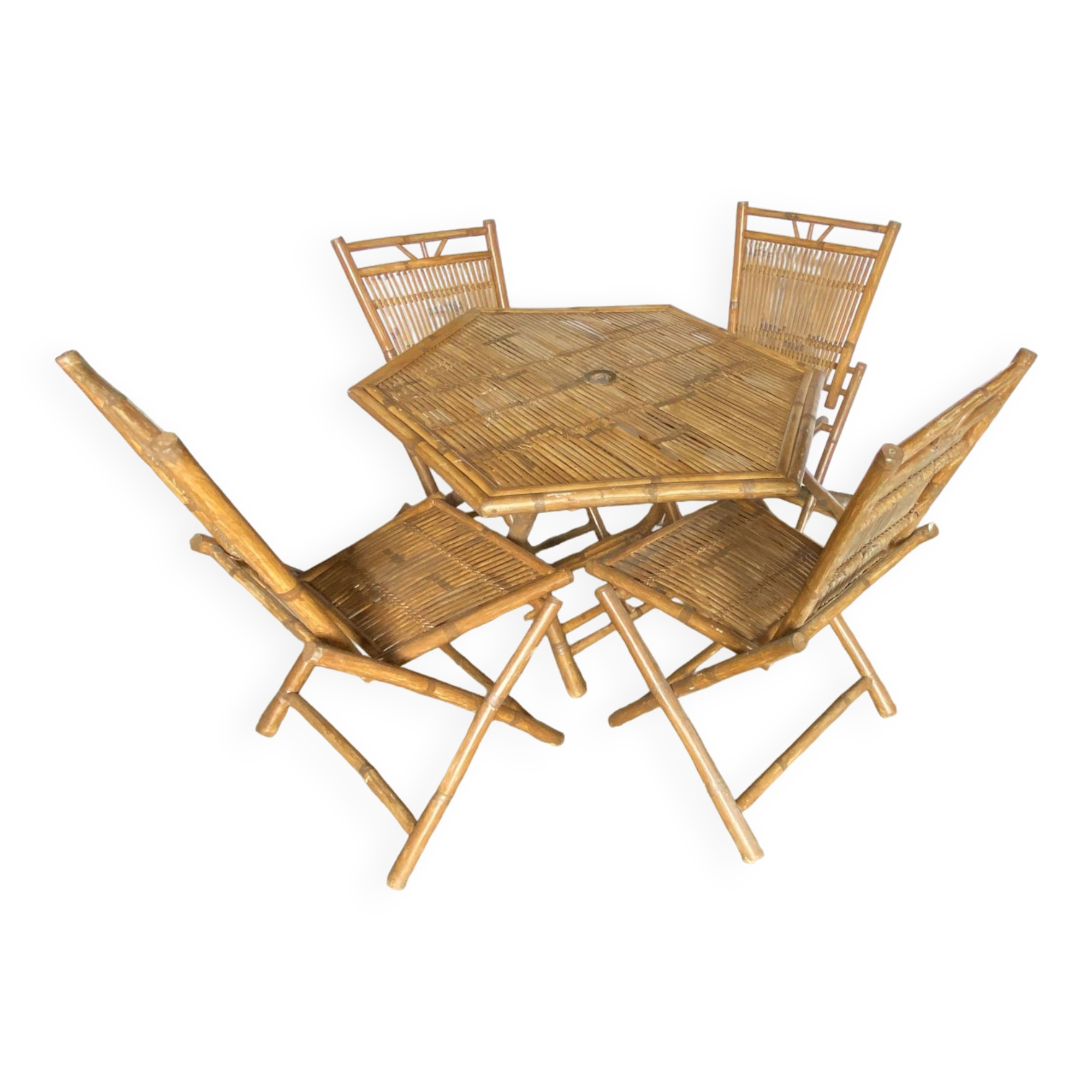 Table and 4 chairs set in bamboo and canework vintage 1970