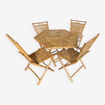 Ensemble table et 4 chaises en bambou et cannage vintage 1970