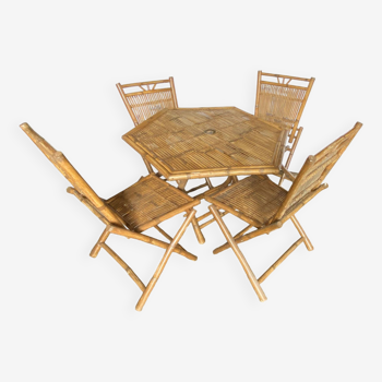 Table and 4 chairs set in bamboo and canework vintage 1970