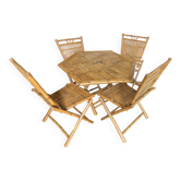 Table and 4 chairs set in bamboo and canework vintage 1970