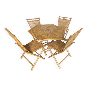 Table and 4 chairs set in bamboo and canework vintage 1970