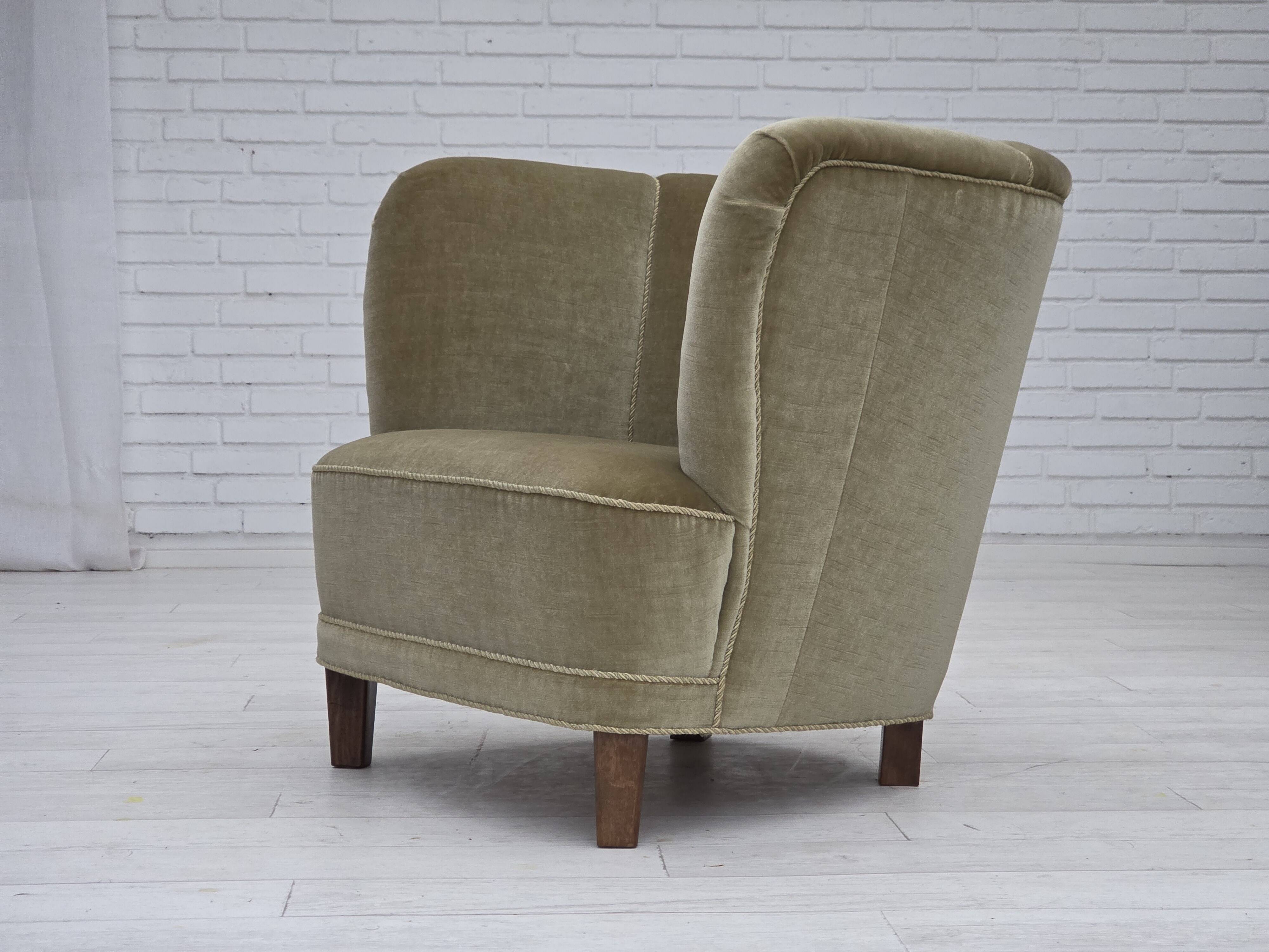 1970s, Danish armchair, original green furniture velour, oak wood.